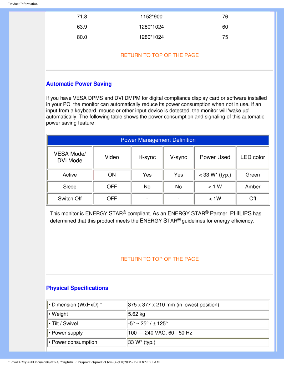 Philips 170B6 user manual Automatic Power Saving, Physical Specifications 