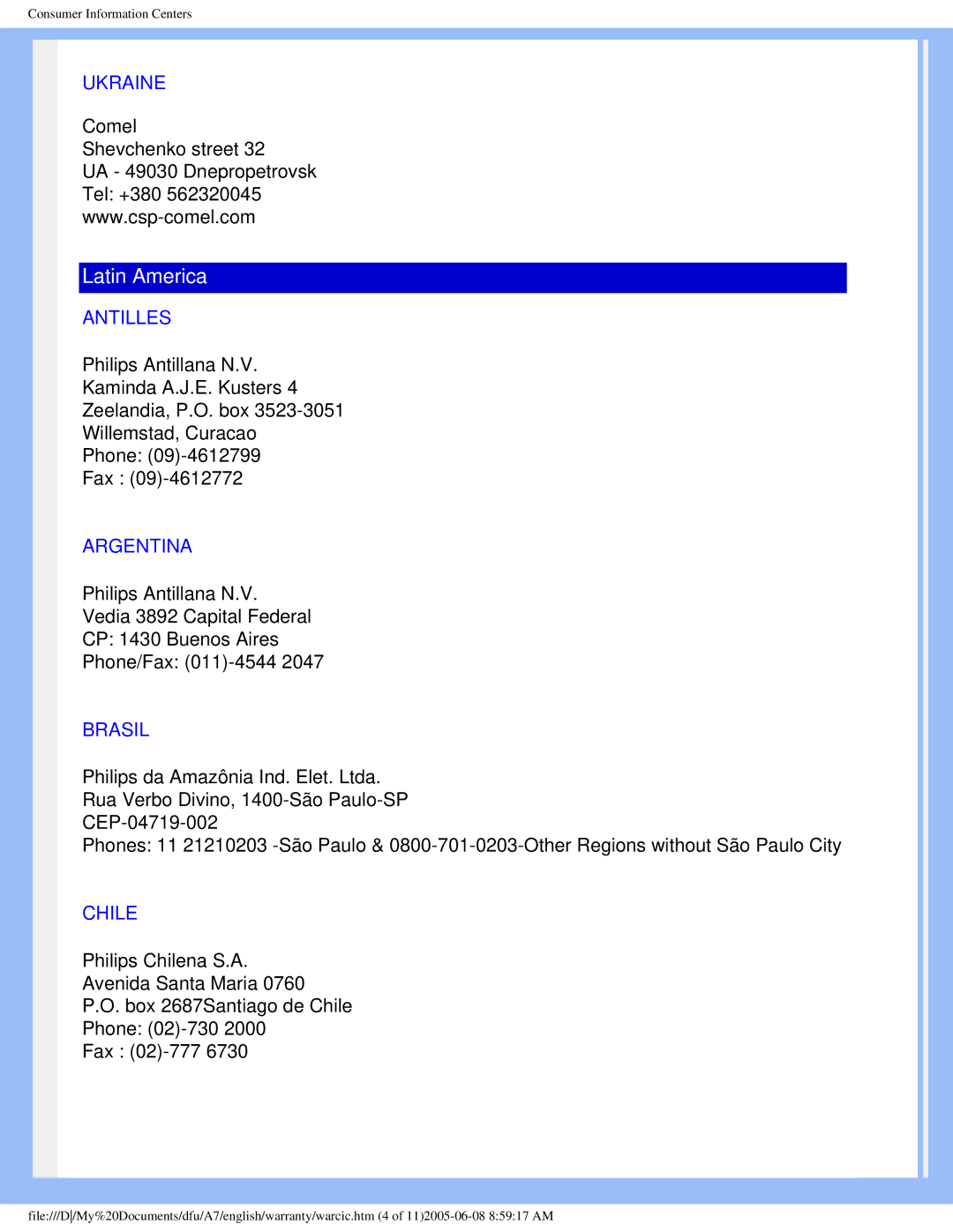 Philips 170B6 user manual Ukraine, Antilles, Argentina, Brasil, Chile 