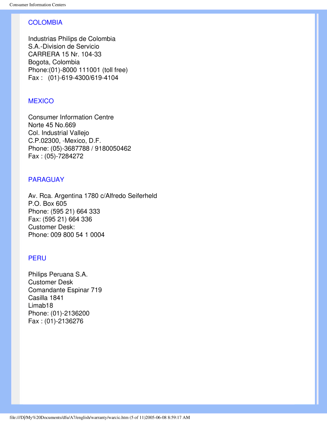 Philips 170B6 user manual Colombia, Mexico, Paraguay, Peru 