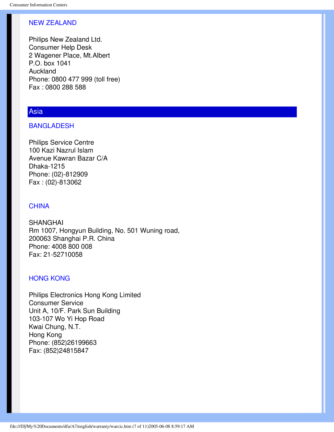 Philips 170B6 user manual NEW Zealand, Bangladesh, China, Hong Kong 