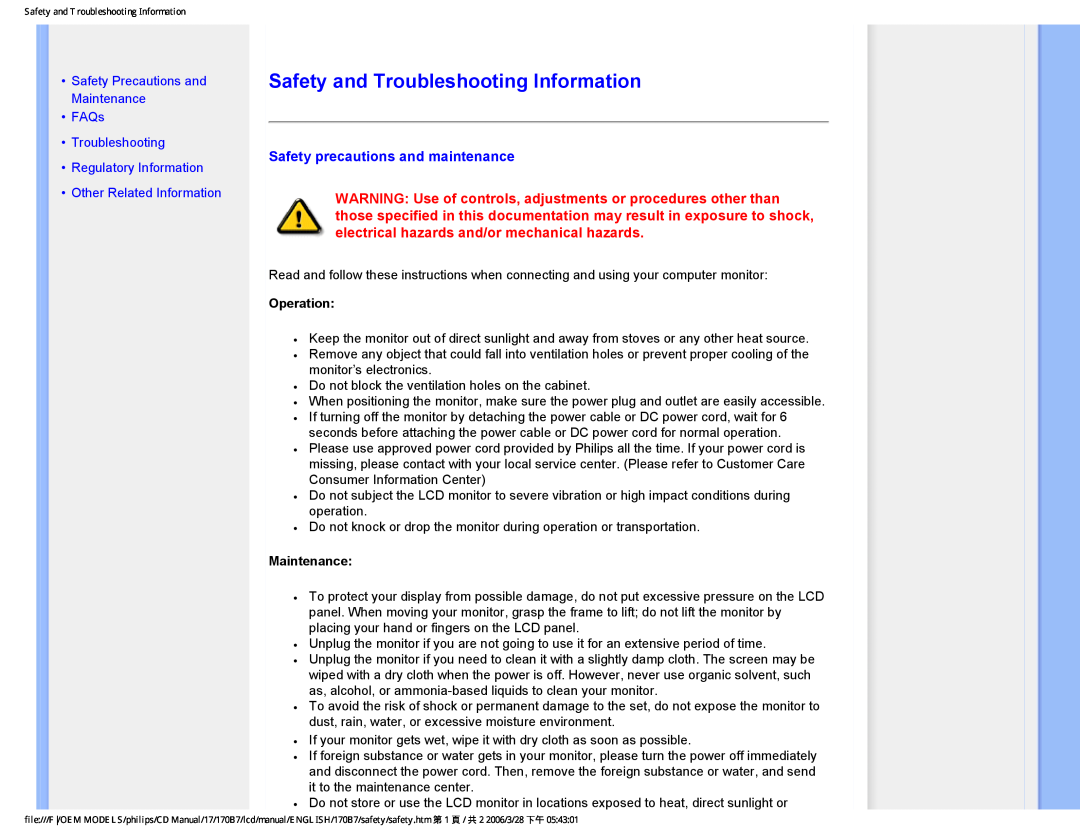 Philips 170B7 Safety and Troubleshooting Information, Safety precautions and maintenance, Operation, Maintenance 