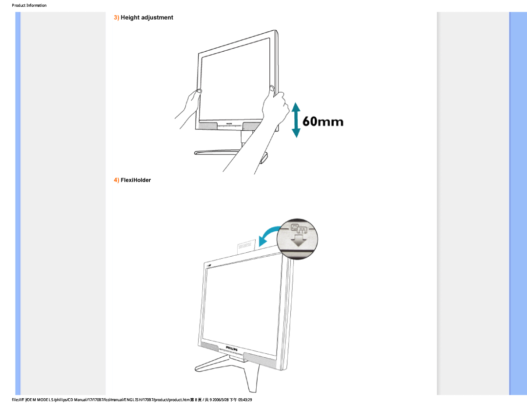 Philips 170B7 user manual Height adjustment, FlexiHolder, Product Information 