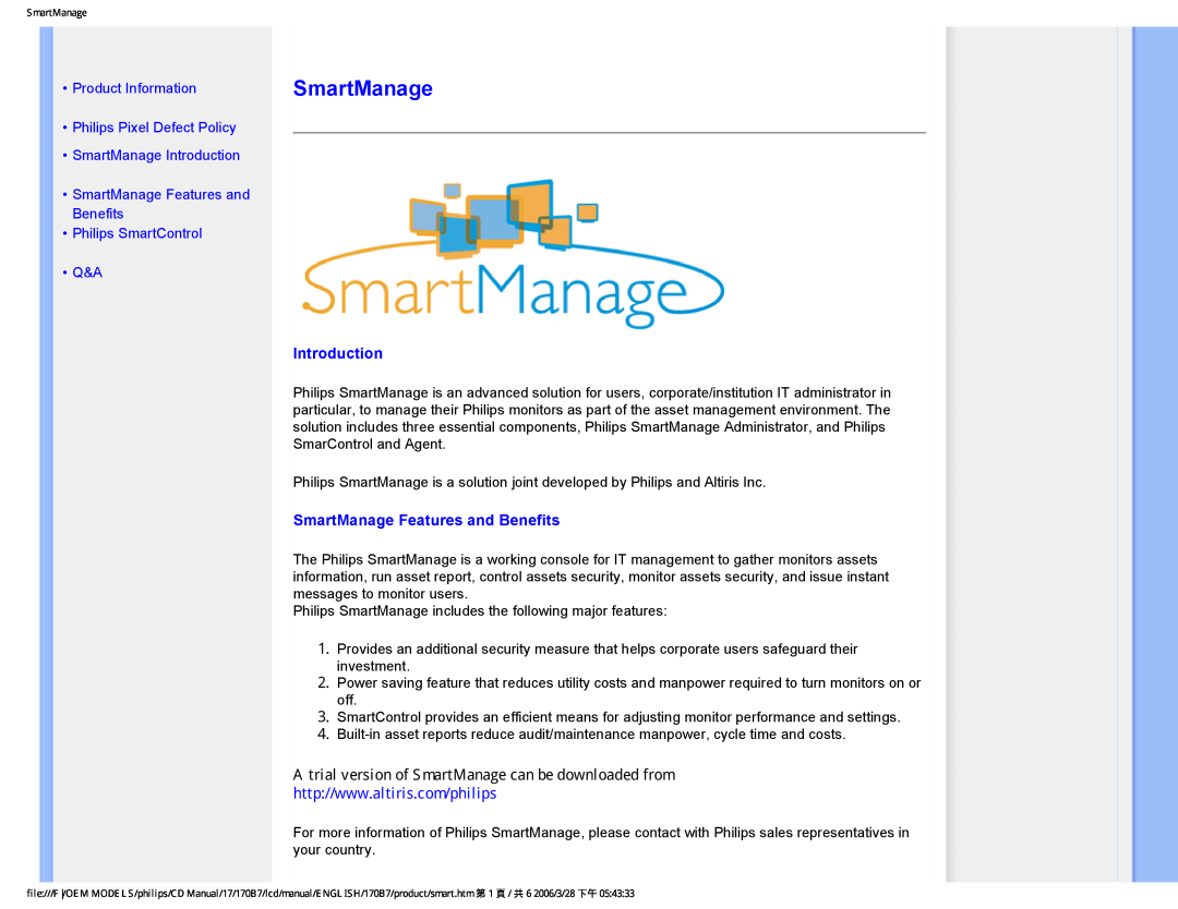 Philips 170B7 Introduction, SmartManage Features and Benefits, A trial version of SmartManage can be downloaded from 