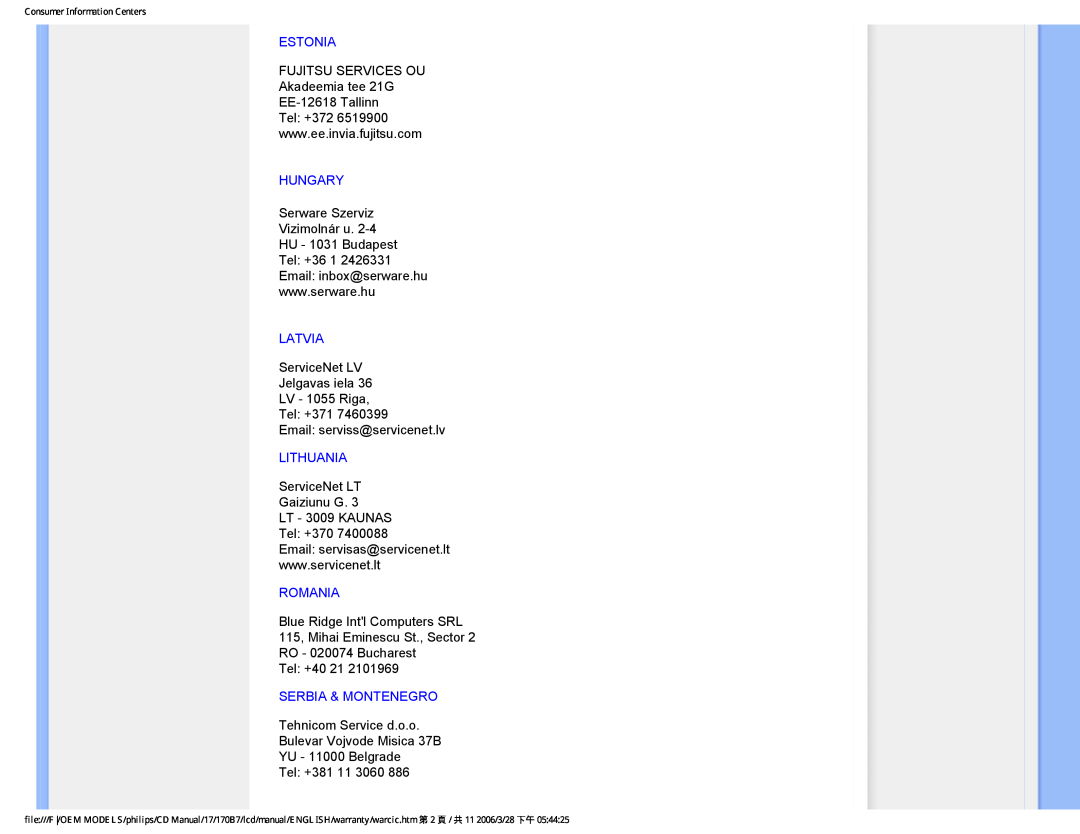 Philips 170B7 user manual Estonia, Hungary, Latvia, Lithuania, Romania, Serbia & Montenegro 