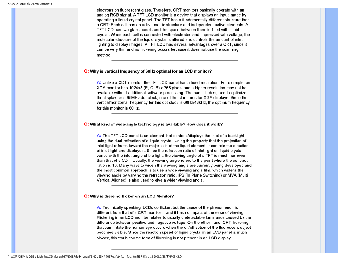 Philips 170B7 user manual Why is there no flicker on an LCD Monitor? 