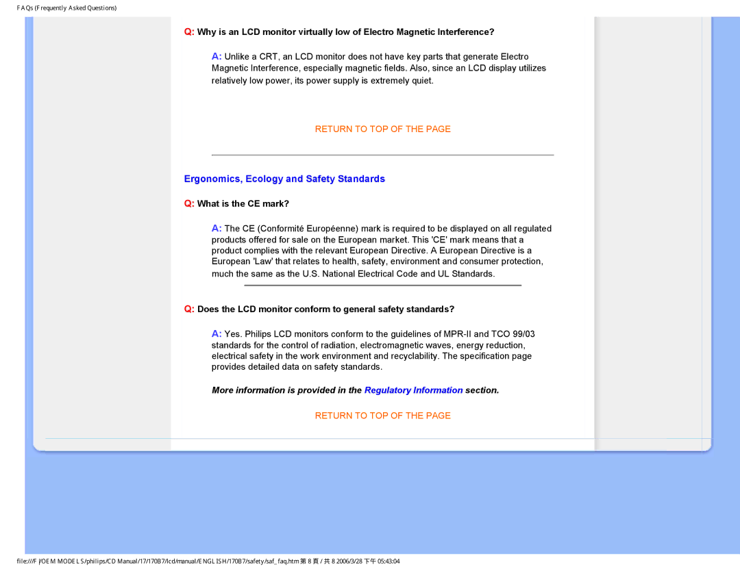 Philips 170B7 user manual Ergonomics, Ecology and Safety Standards, What is the CE mark? 