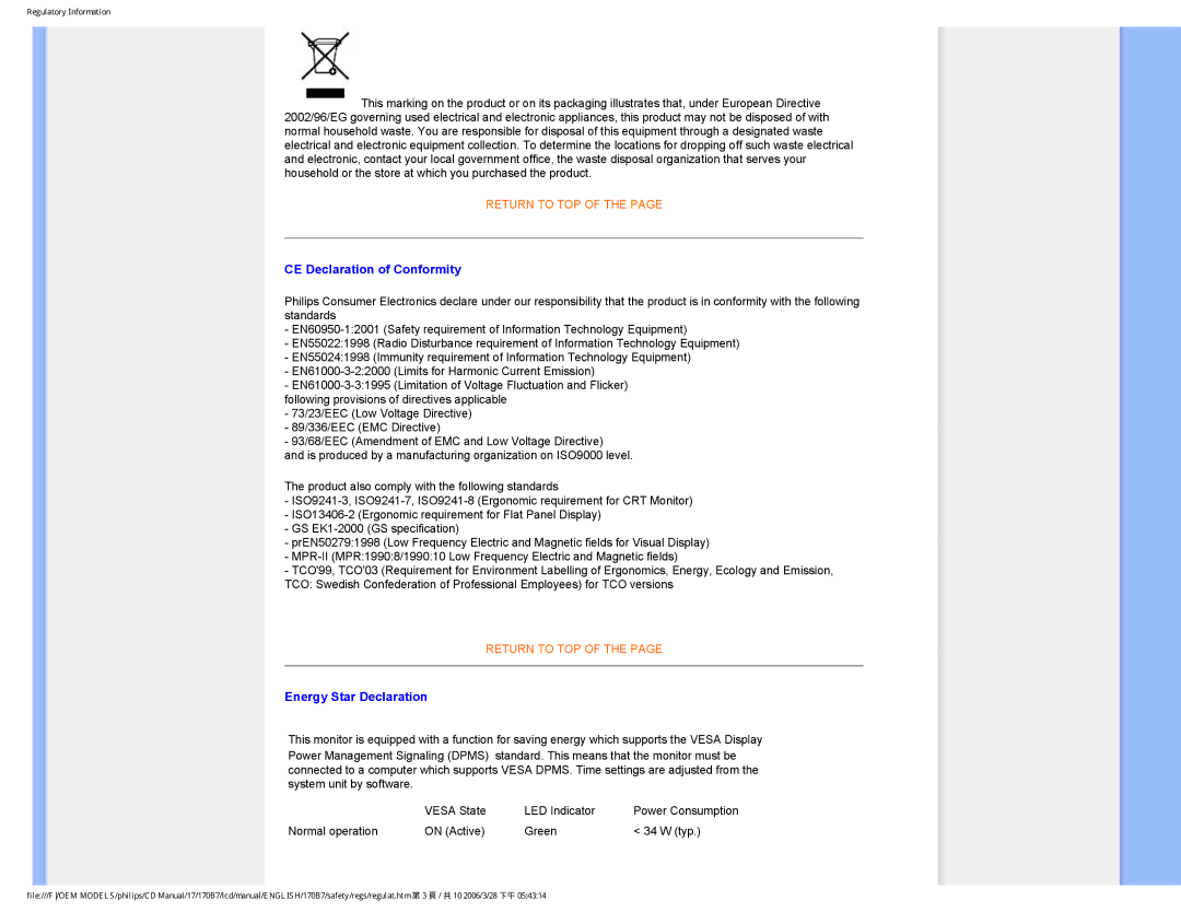 Philips 170B7 user manual CE Declaration of Conformity, Energy Star Declaration 