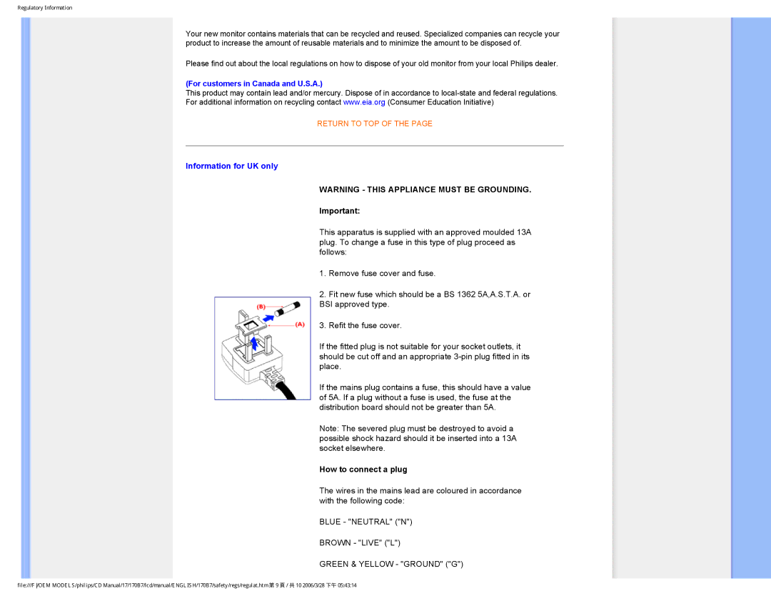 Philips 170B7 user manual Information for UK only, For customers in Canada and U.S.A 