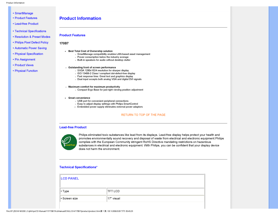 Philips 170B7 user manual Product Information 