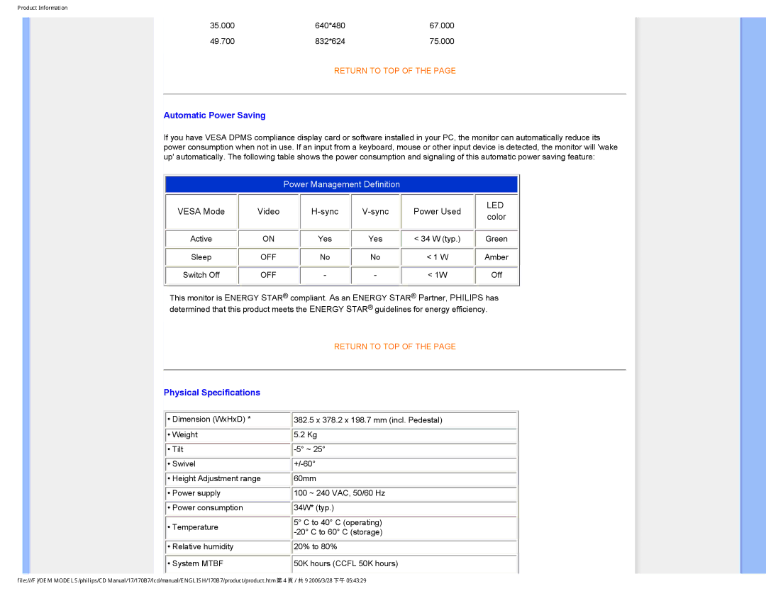 Philips 170B7 user manual Automatic Power Saving 