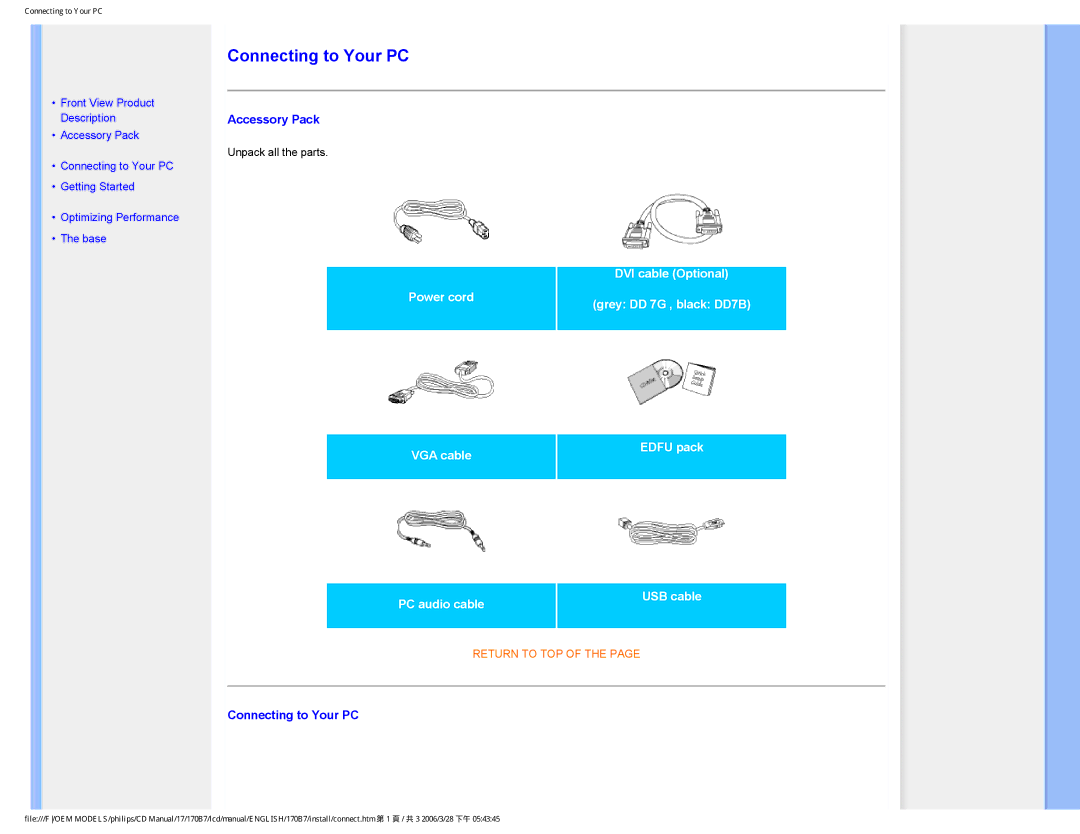 Philips 170B7 user manual Connecting to Your PC 