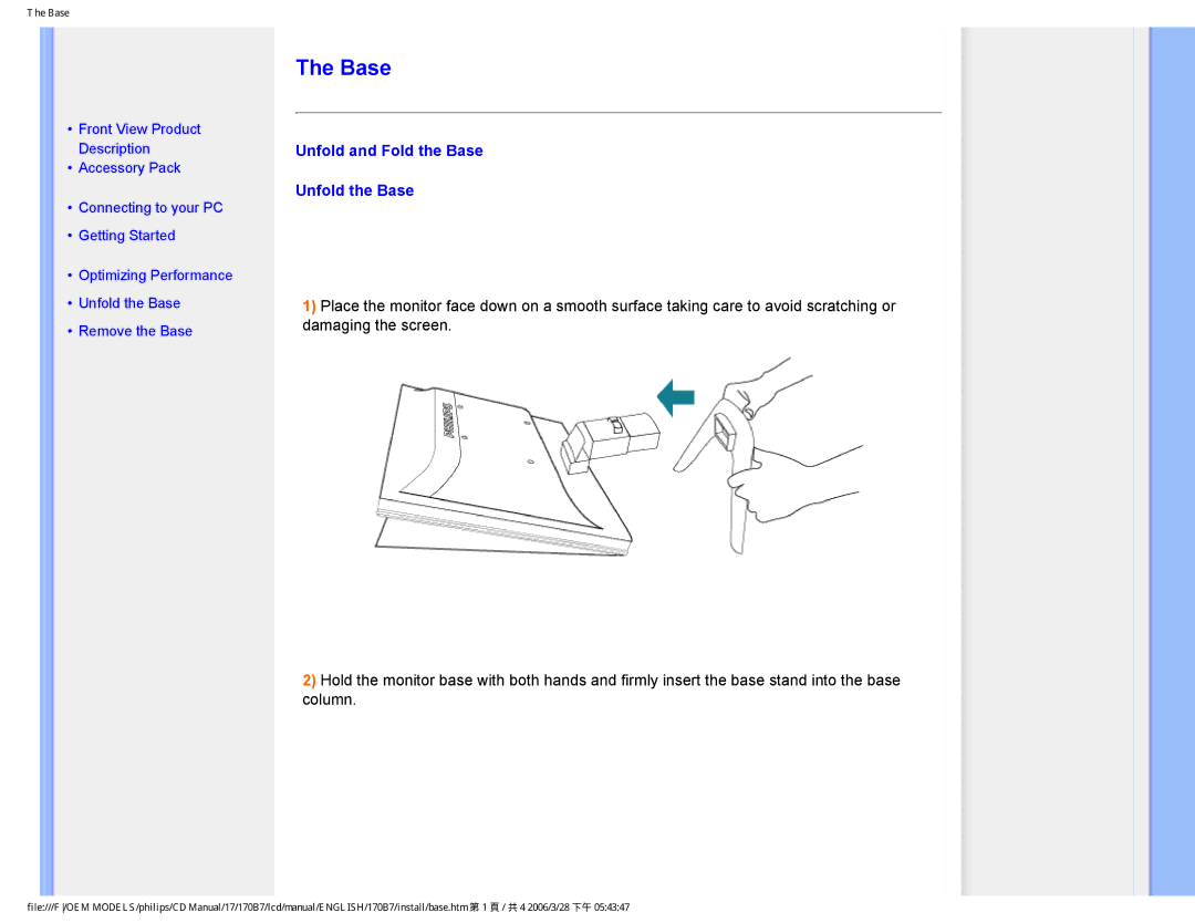 Philips 170B7 user manual Unfold and Fold the Base Unfold the Base 