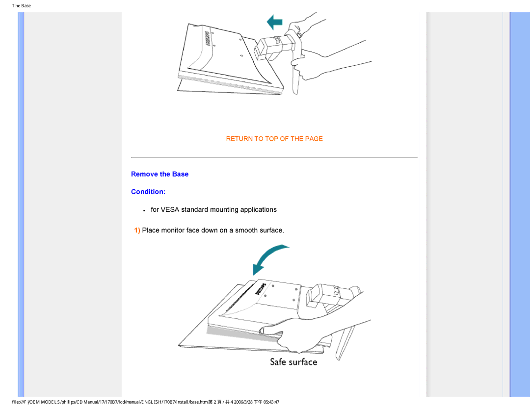 Philips 170B7 user manual Remove the Base Condition 