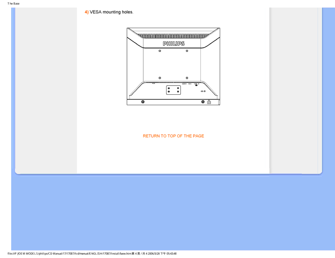 Philips 170B7 user manual Vesa mounting holes 