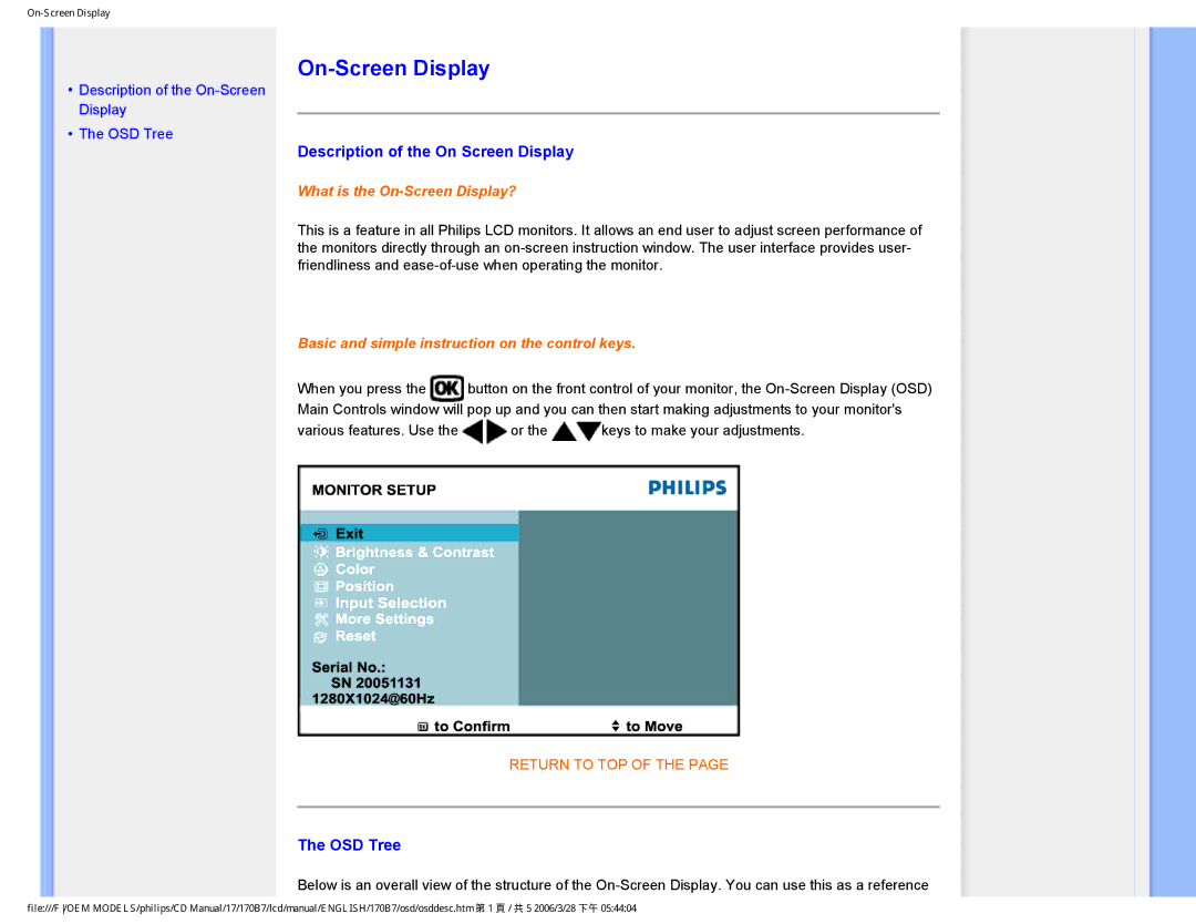 Philips 170B7 user manual On-Screen Display, Description of the On Screen Display, OSD Tree 