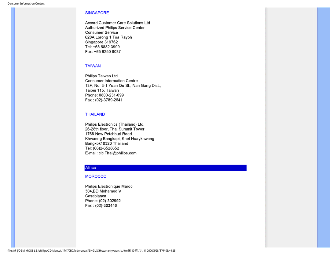 Philips 170B7 user manual Singapore, Taiwan, Thailand, Morocco 