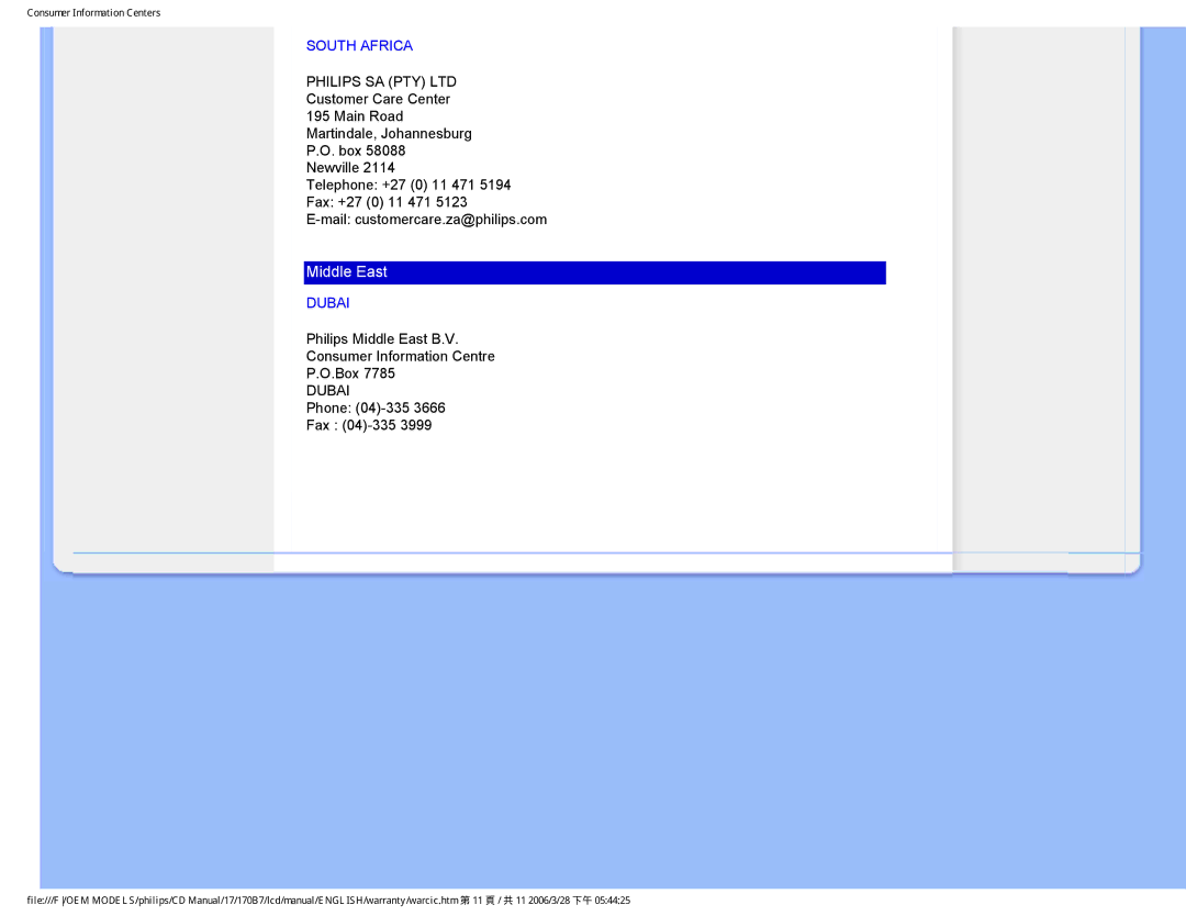 Philips 170B7 user manual South Africa, Dubai 