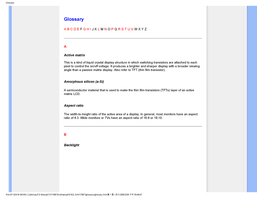 Philips 170B7 user manual Glossary, Active matrix, Amorphous silicon a-Si, Aspect ratio, Backlight 