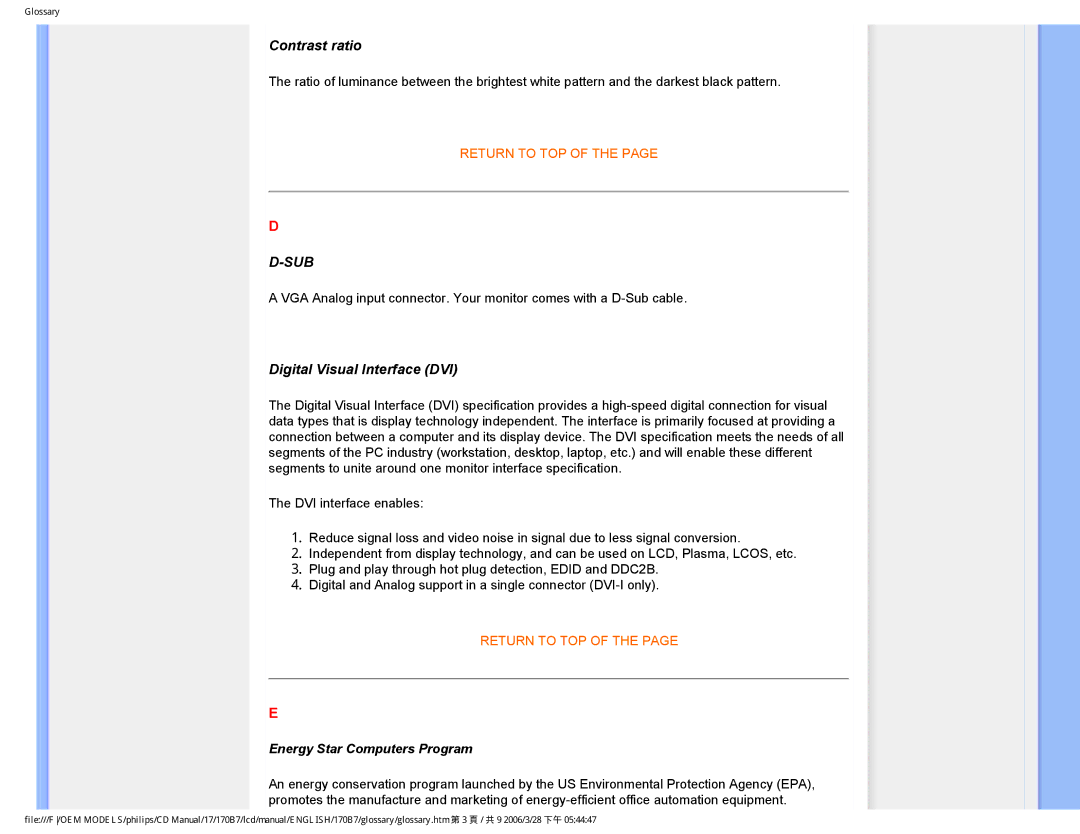 Philips 170B7 user manual Contrast ratio, Digital Visual Interface DVI 