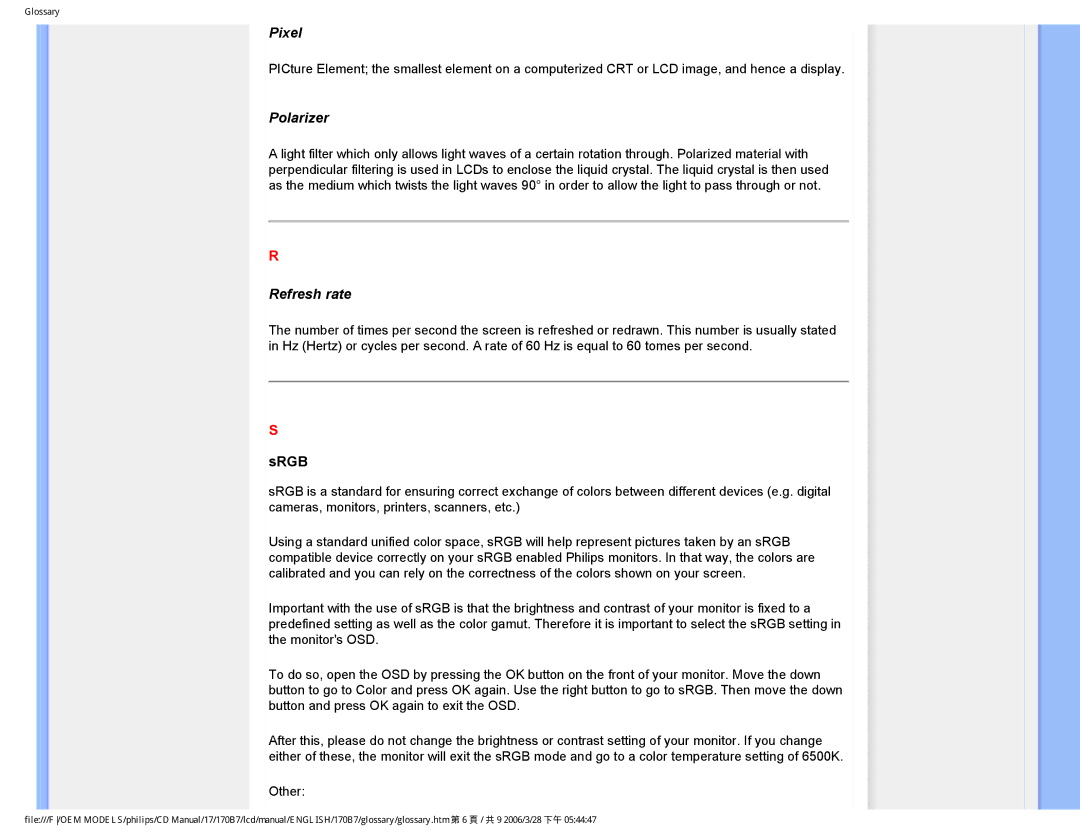 Philips 170B7 user manual Pixel, Polarizer, Refresh rate 