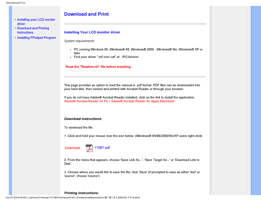 Philips 170B7 Download and Print, Installing Your LCD monitor driver, Download instructions, Printing instructions 