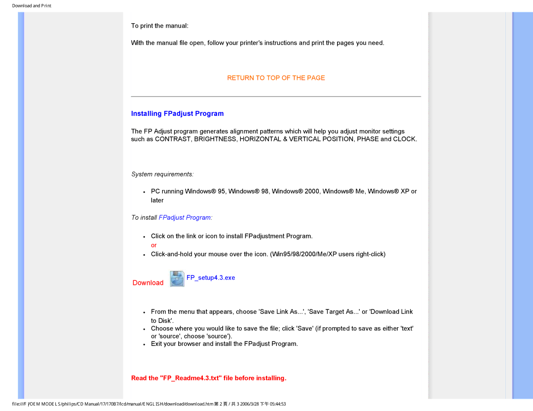 Philips 170B7 user manual Installing FPadjust Program, To install FPadjust Program 