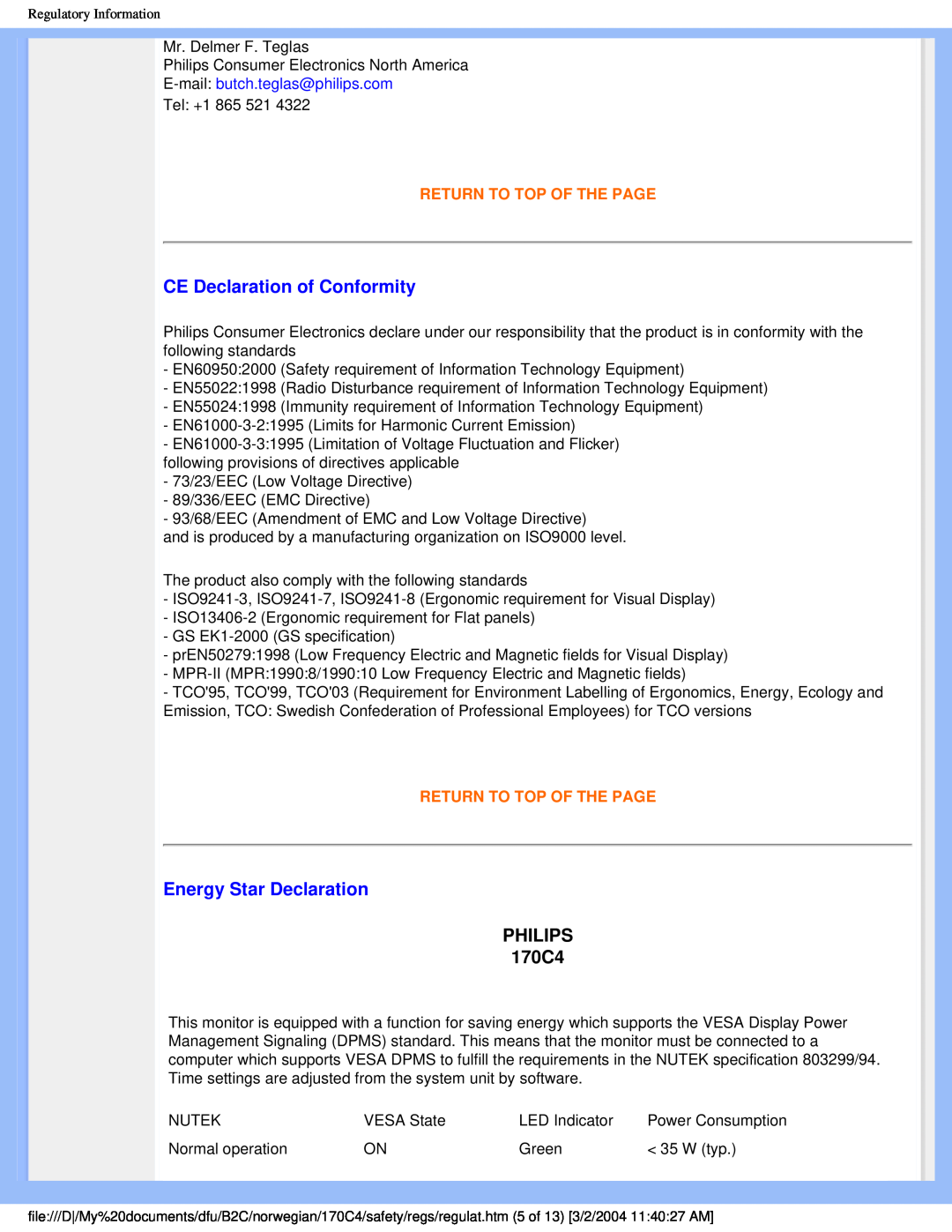 Philips CE Declaration of Conformity, Energy Star Declaration, PHILIPS 170C4, E-mail butch.teglas@philips.com 