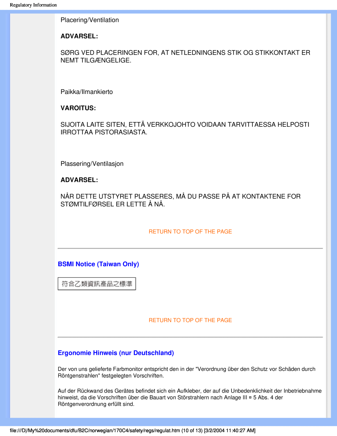 Philips 170C4 user manual Advarsel, Varoitus, BSMI Notice Taiwan Only, Ergonomie Hinweis nur Deutschland 