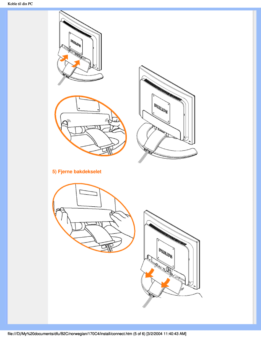 Philips 170C4 user manual Fjerne bakdekselet, Koble til din PC 
