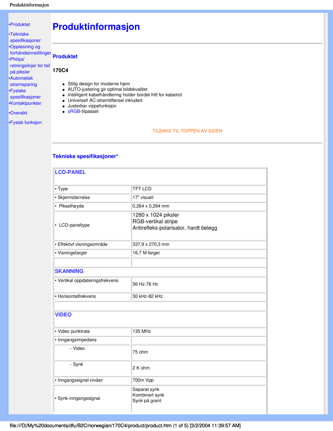 Philips 170C4 user manual Produktinformasjon, Produktet, Tekniske spesifikasjoner, Lcd-Panel, Skanning, Video 