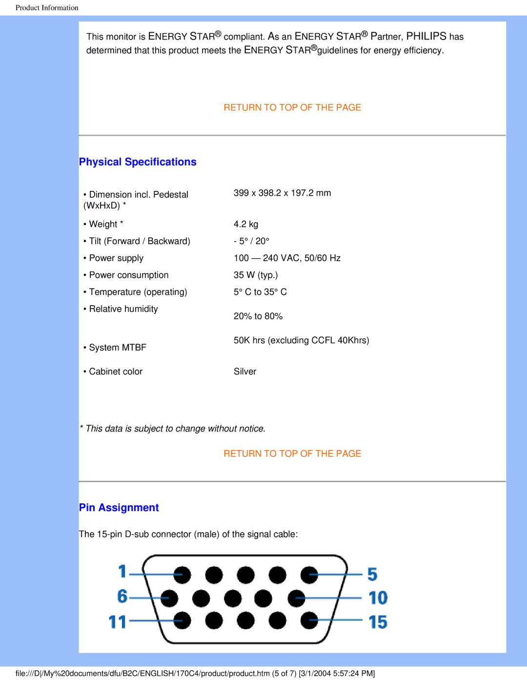 Philips 170C4 user manual Physical Specifications, Pin Assignment 