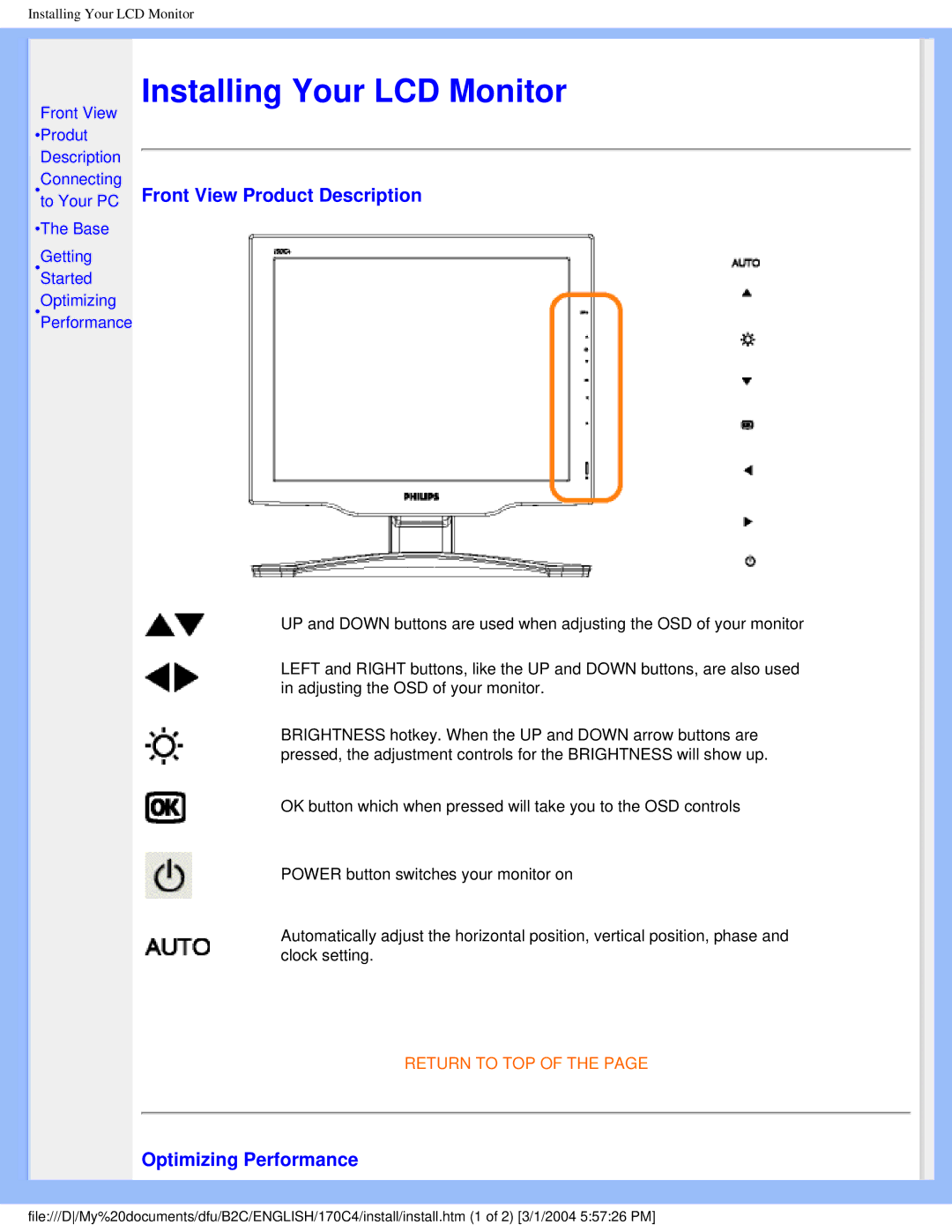 Philips 170C4 user manual Front View Product Description, Optimizing Performance 