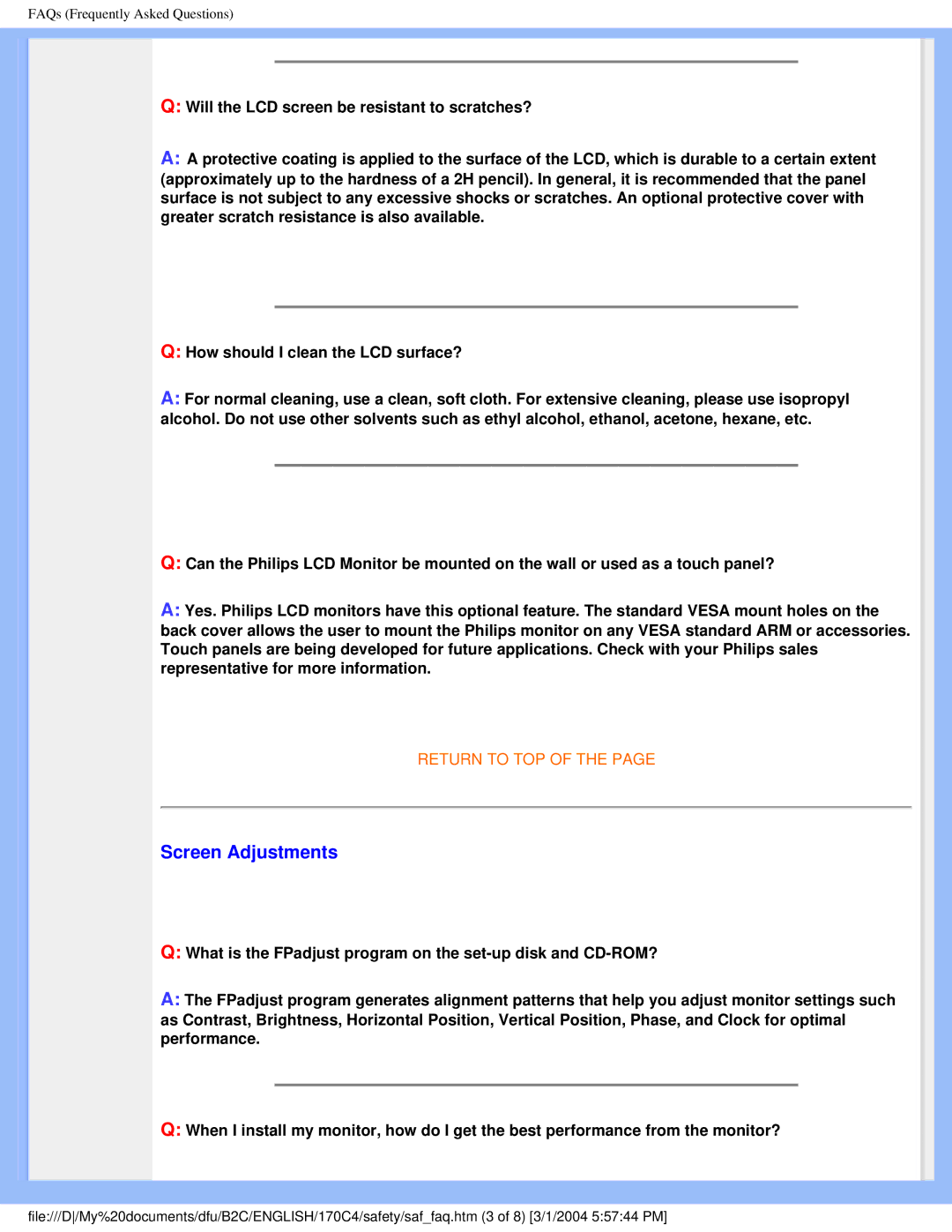 Philips 170C4 user manual Screen Adjustments 