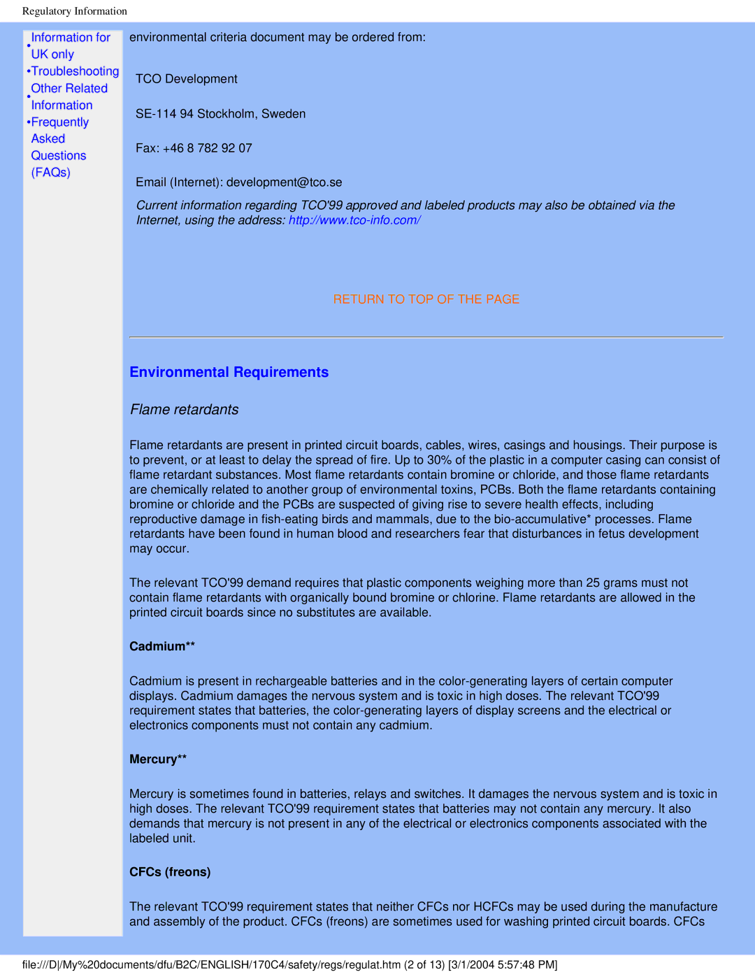 Philips 170C4 user manual Environmental Requirements, Flame retardants 