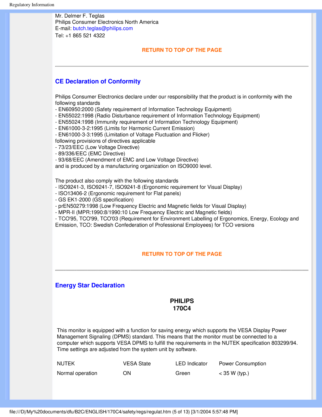 Philips 170C4 user manual CE Declaration of Conformity, Energy Star Declaration 