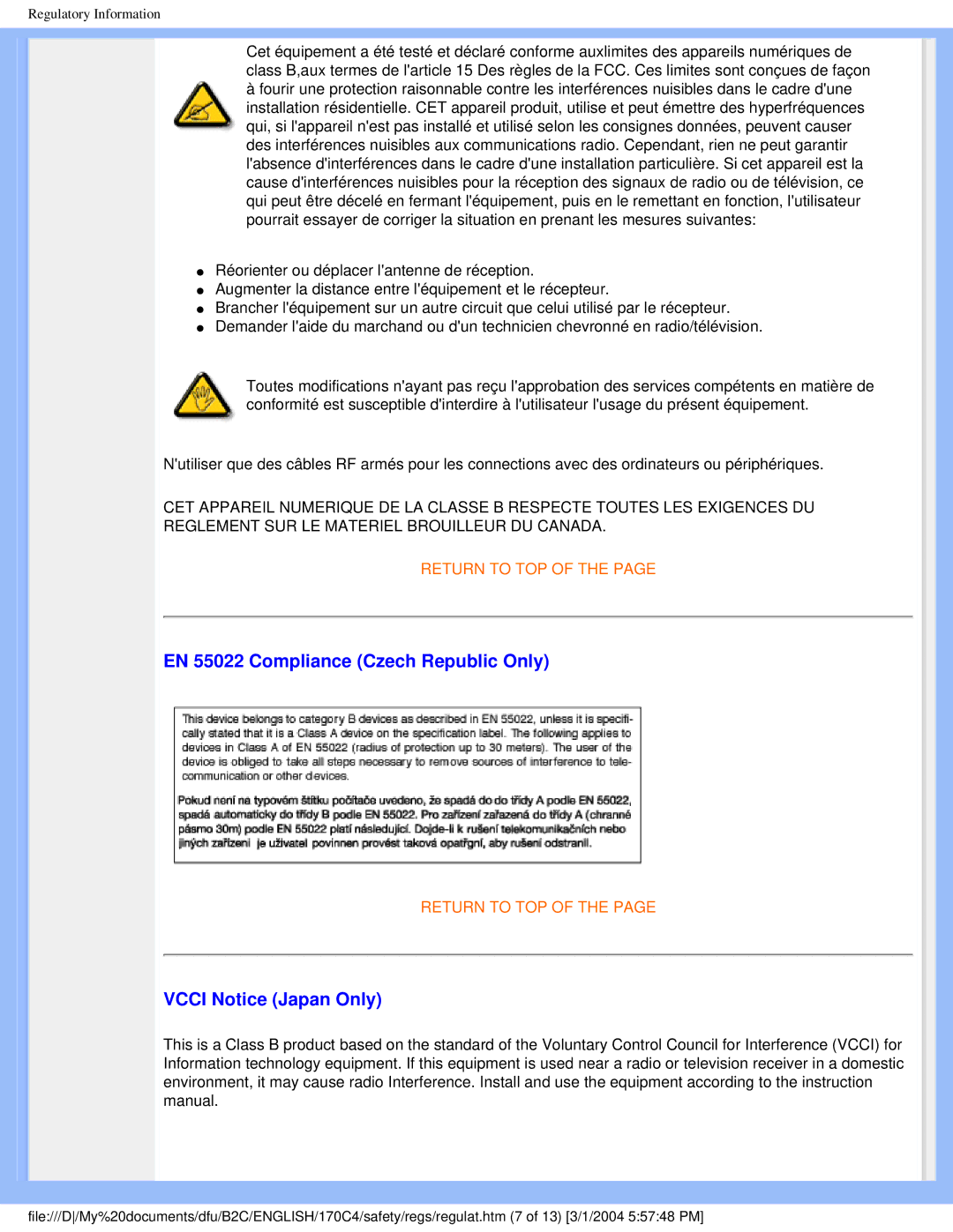 Philips 170C4 user manual EN 55022 Compliance Czech Republic Only, Vcci Notice Japan Only 