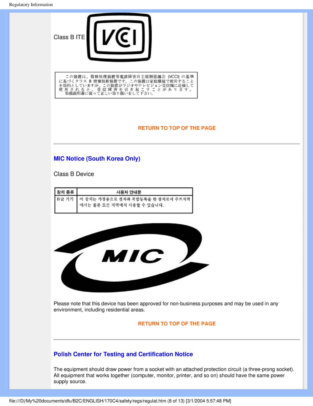 Philips 170C4 Class B ITE, MIC Notice South Korea Only, Class B Device, Polish Center for Testing and Certification Notice 