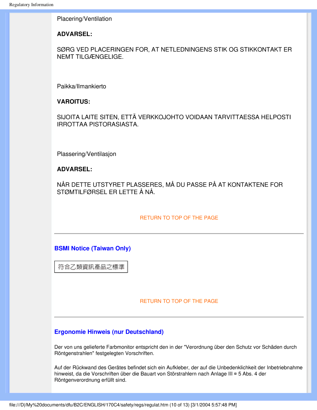 Philips 170C4 Paikka/Ilmankierto, Plassering/Ventilasjon, Bsmi Notice Taiwan Only, Ergonomie Hinweis nur Deutschland 