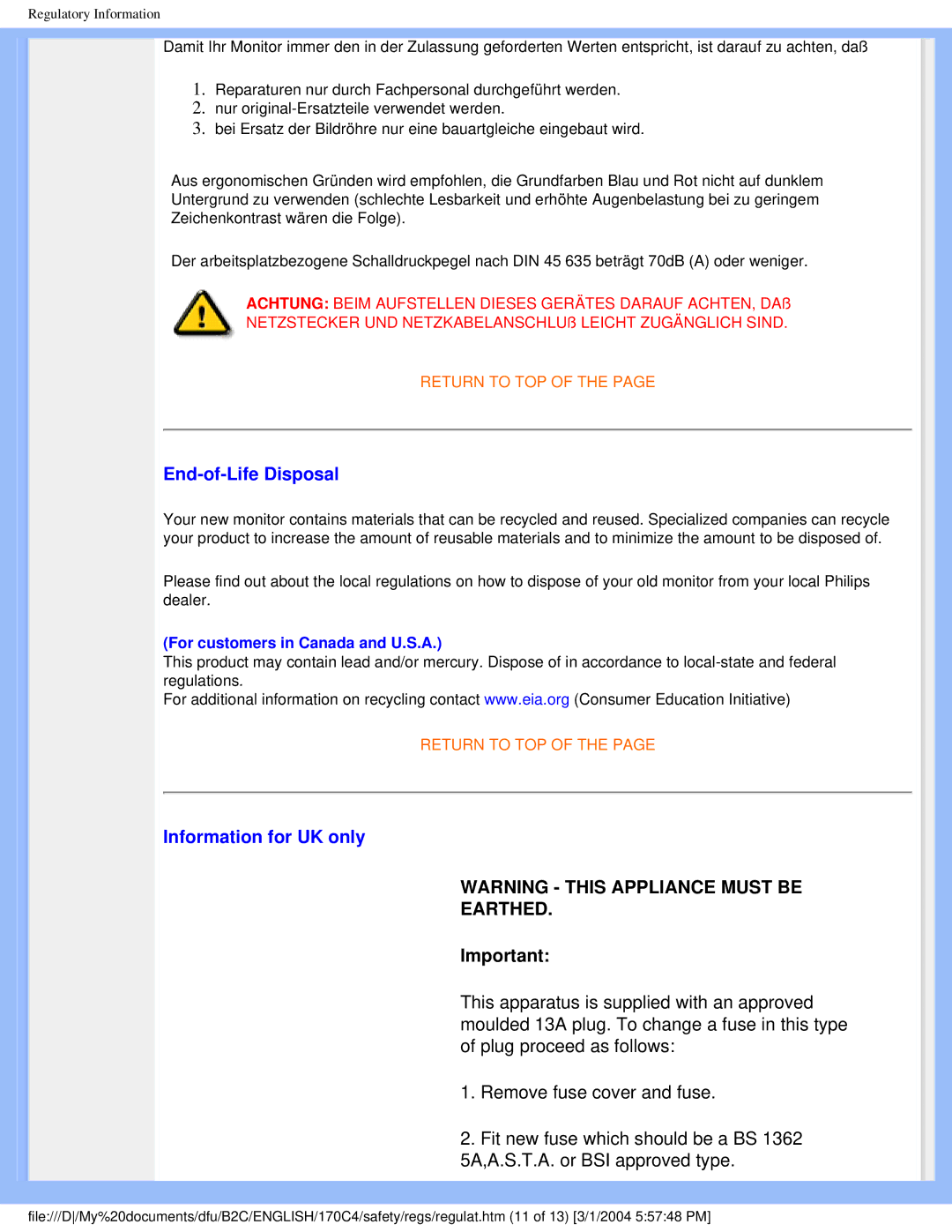 Philips 170C4 user manual End-of-Life Disposal, Information for UK only 