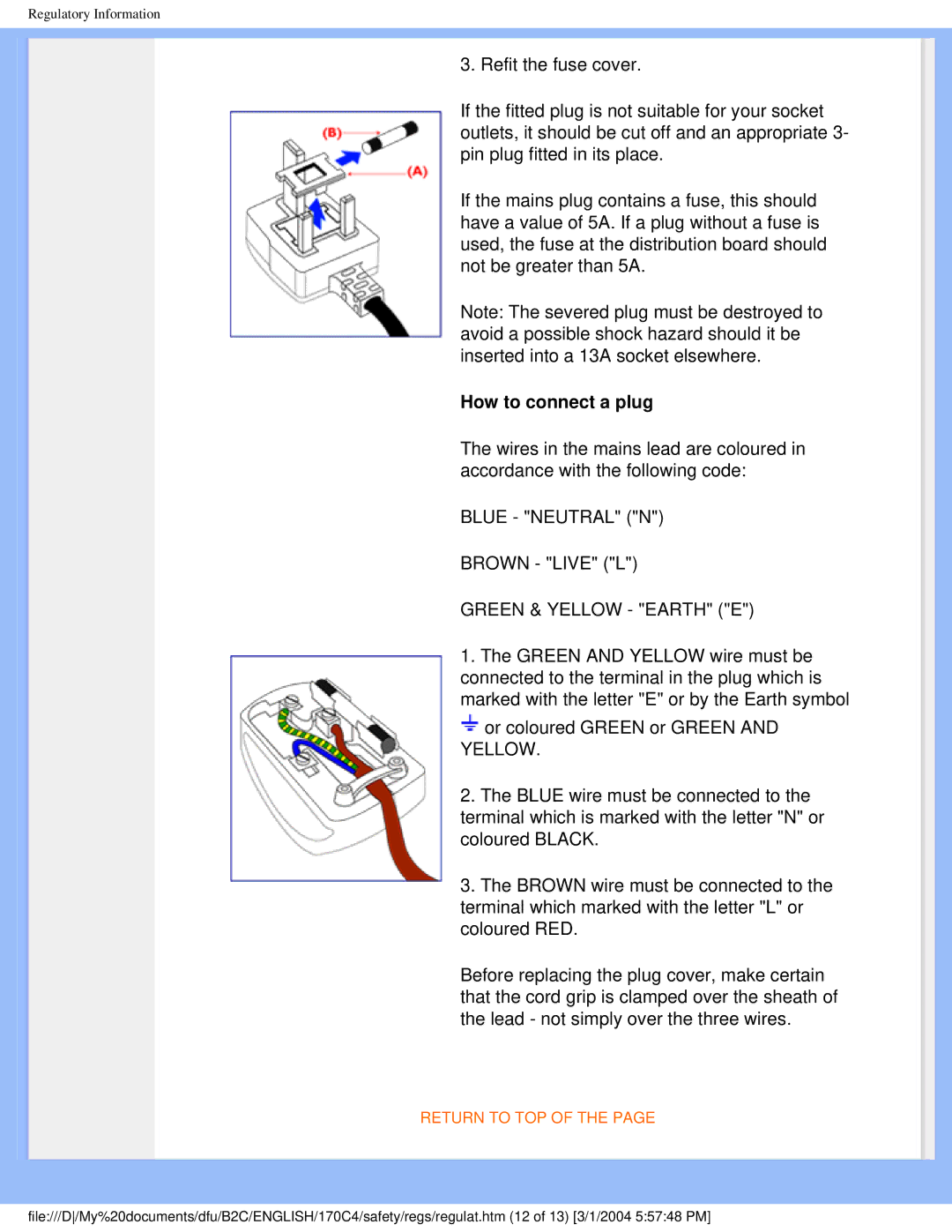 Philips 170C4 user manual How to connect a plug, Brown Live L 