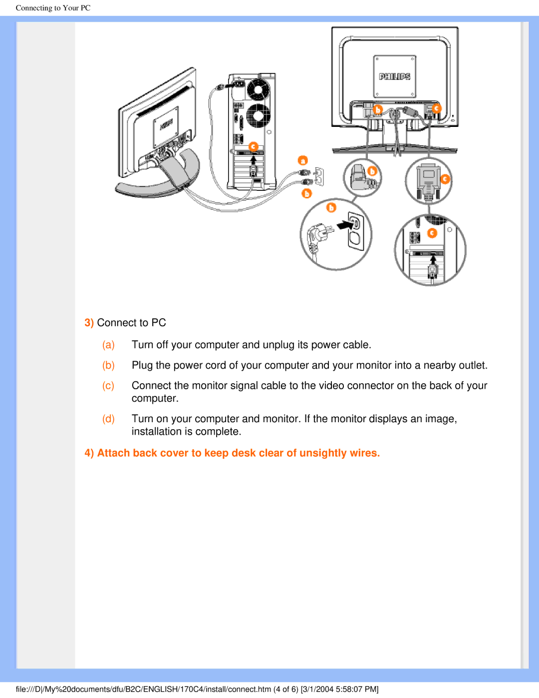 Philips 170C4 user manual Attach back cover to keep desk clear of unsightly wires 