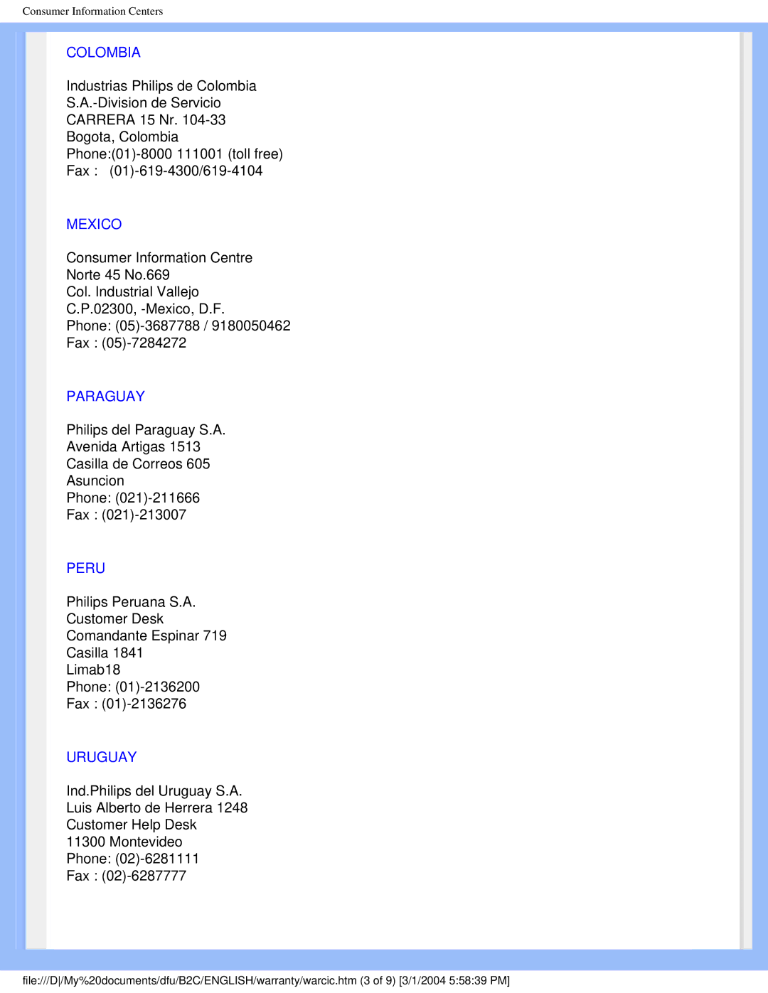 Philips 170C4 user manual Colombia, Mexico, Paraguay, Peru, Uruguay 