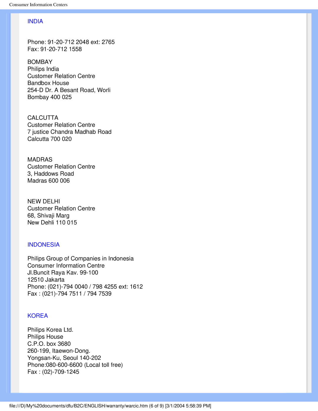 Philips 170C4 user manual India, Indonesia, Korea 