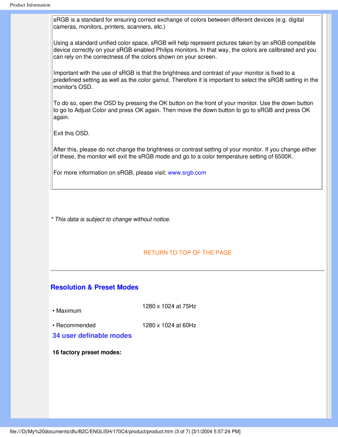 Philips 170C4 user manual Resolution & Preset Modes, User definable modes 