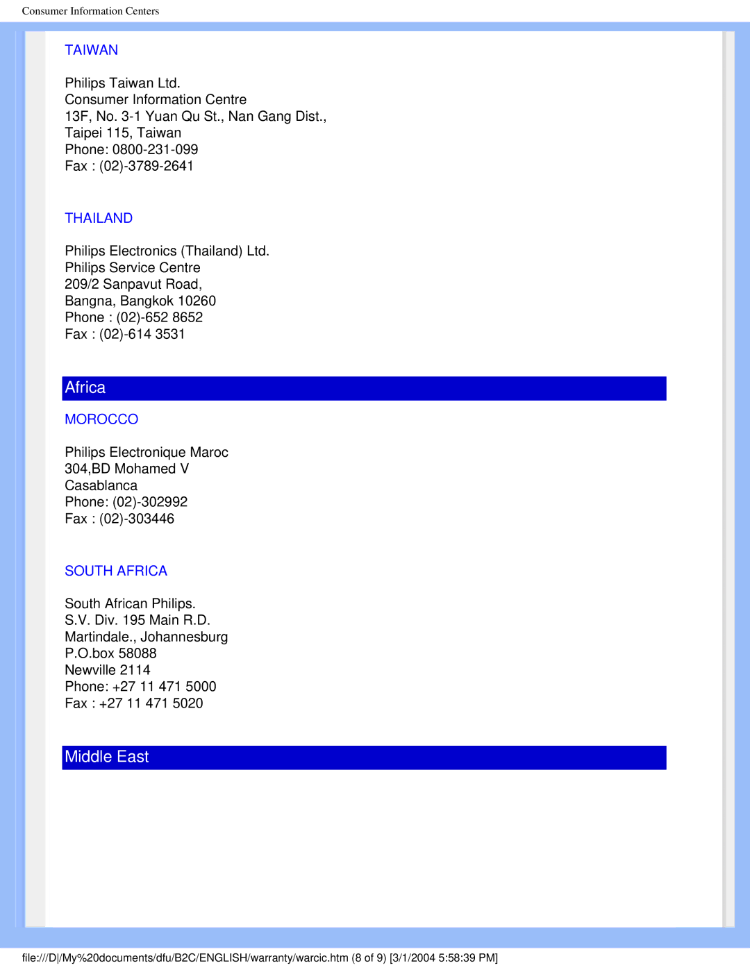 Philips 170C4 user manual Taiwan, Thailand, Morocco, South Africa 