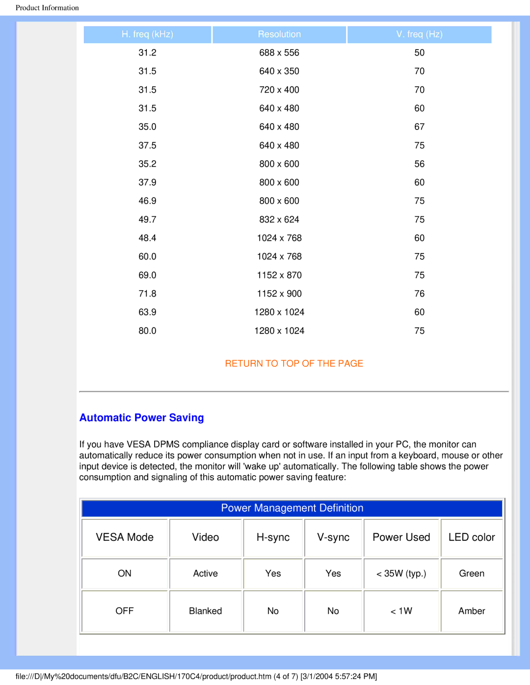 Philips 170C4 user manual Automatic Power Saving, Vesa Mode Video Sync Power Used LED color 