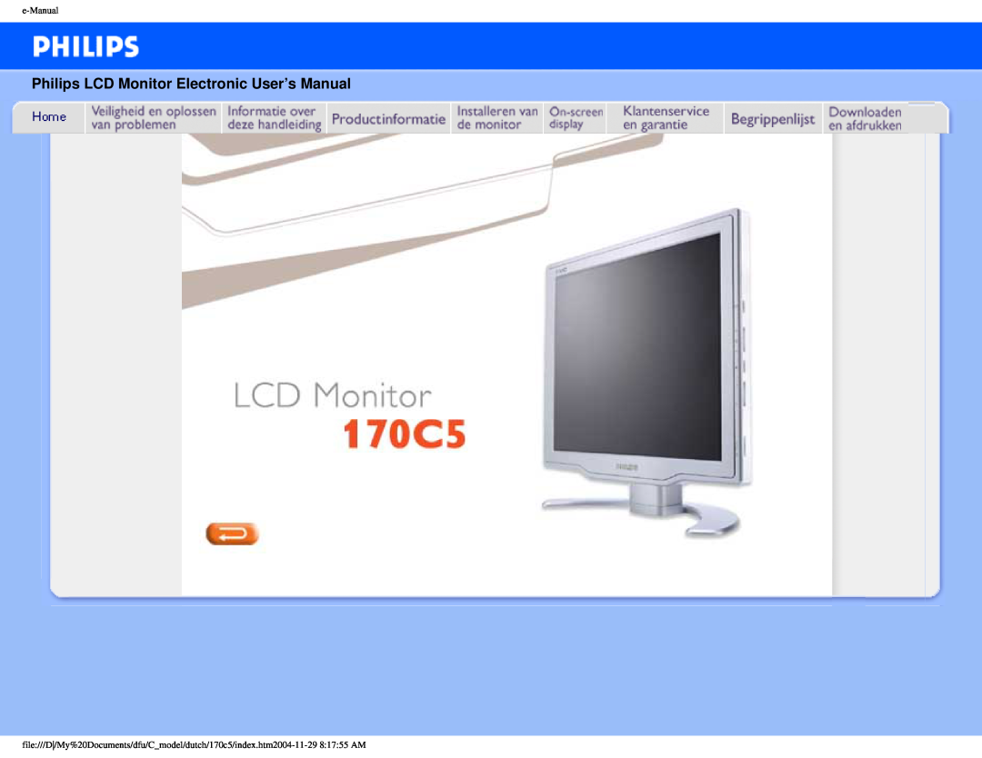 Philips 170C5 user manual Philips LCD Monitor Electronic User’s Manual, e-Manual 