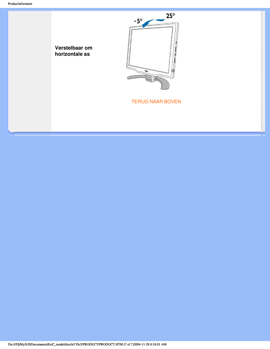 Philips 170C5 user manual Verstelbaar om horizontale as, Terug Naar Boven, Productinformatie 