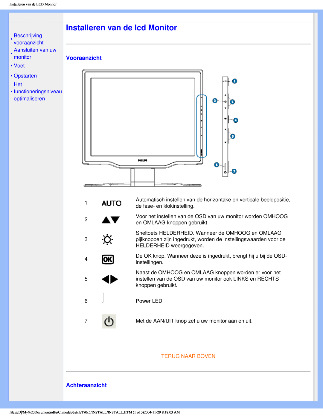 Philips 170C5 user manual Installeren van de lcd Monitor, Vooraanzicht, Achteraanzicht, Terug Naar Boven 