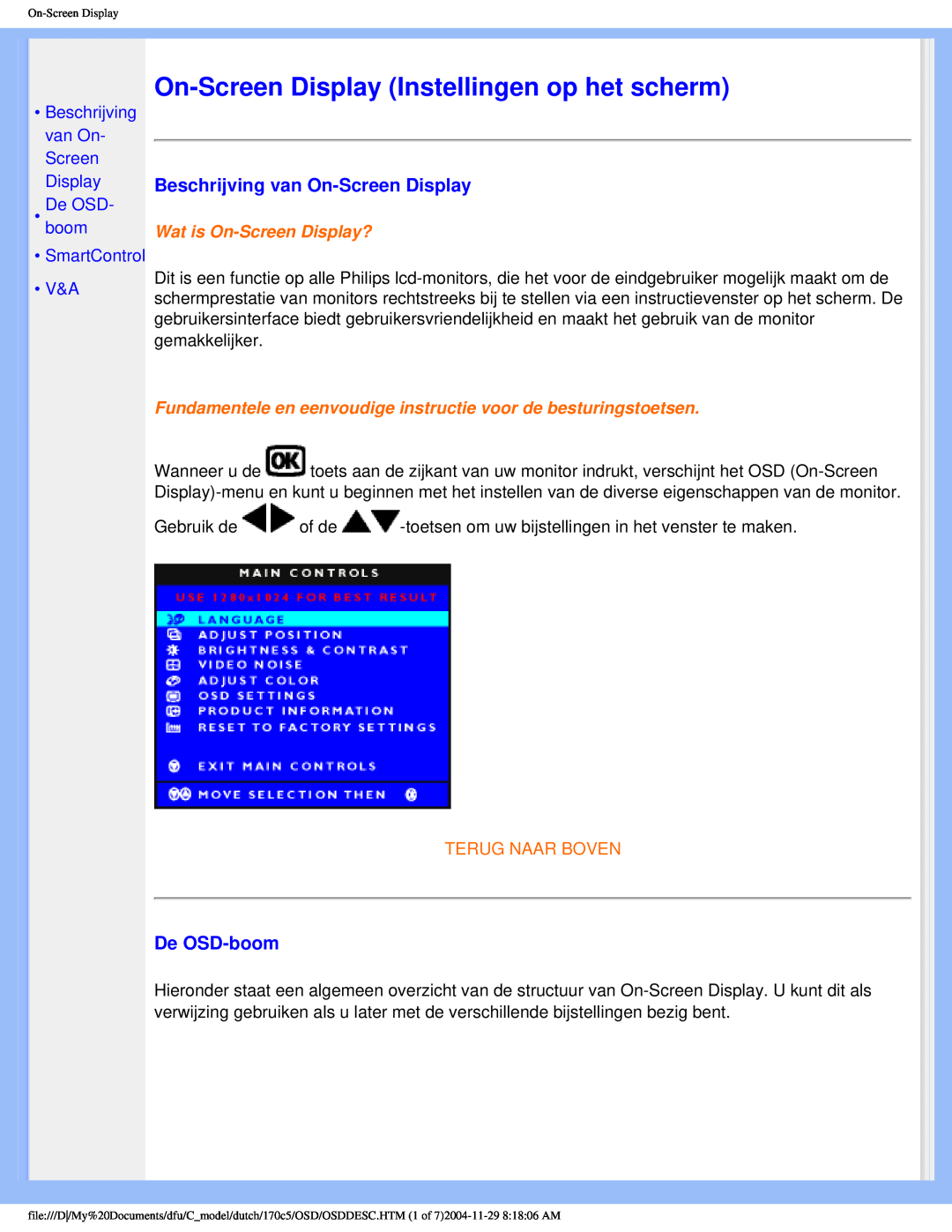 Philips 170C5 user manual On-Screen Display Instellingen op het scherm, Beschrijving van On-Screen Display, De OSD-boom 